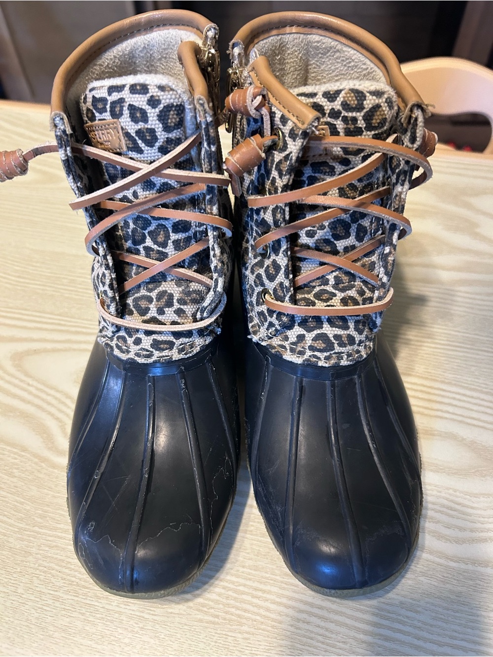 Girls Sperry Black Duck Boots with Leopard Print